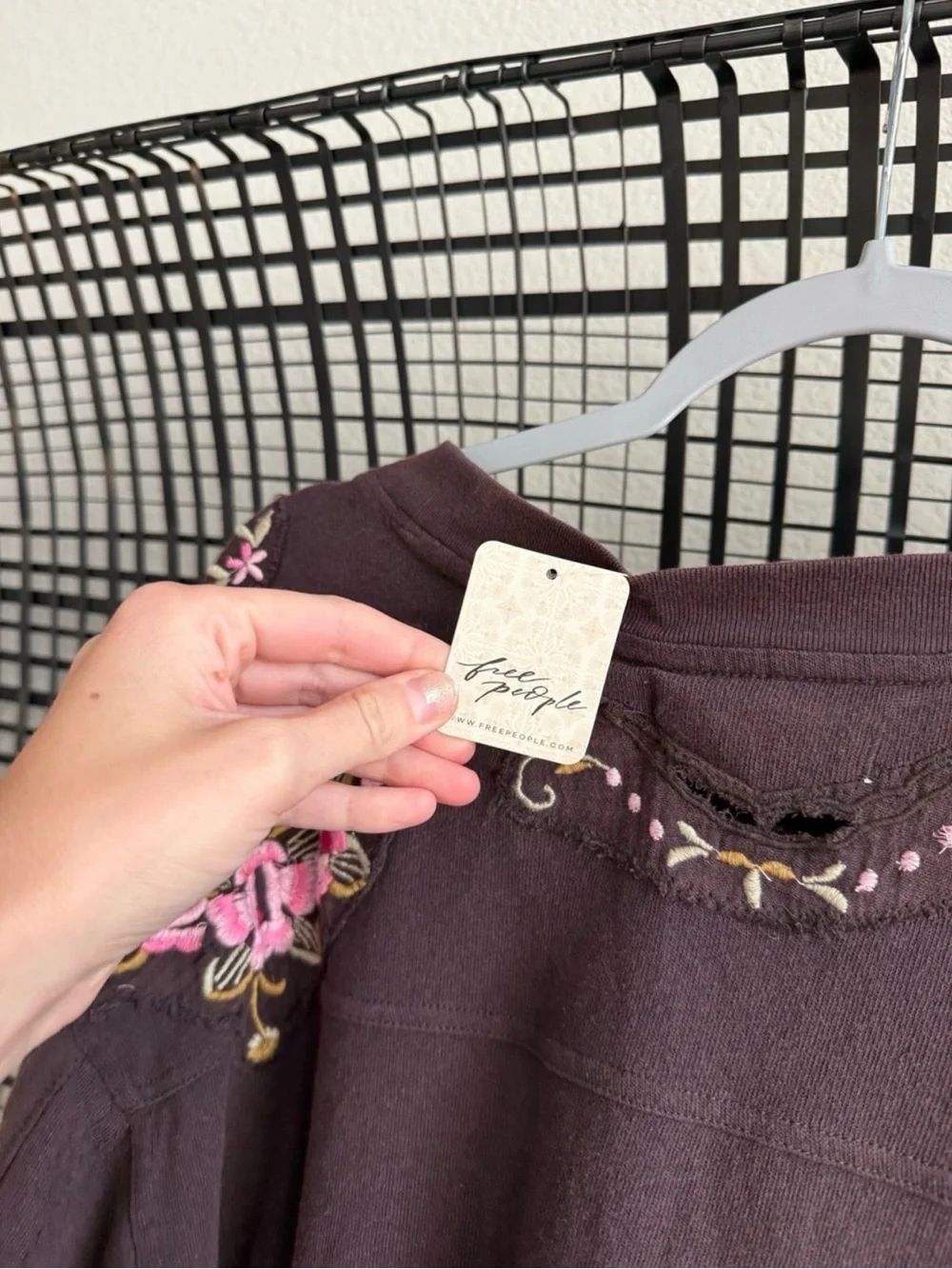 NWT Free People “we the free” Embroidered Brown Lilith Distressed '72' tee